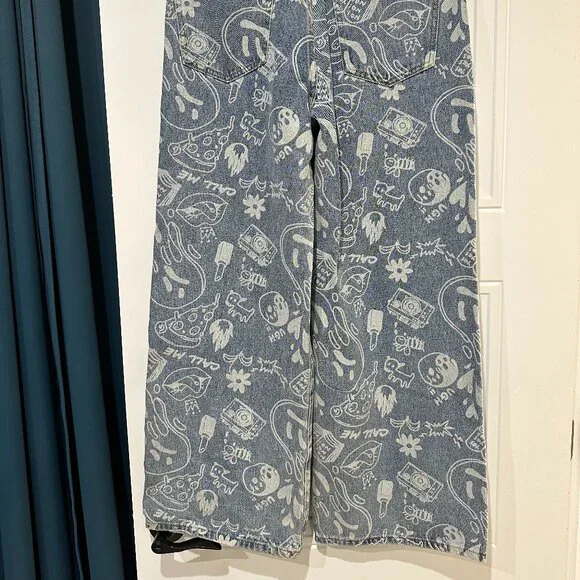 Edikted Cropped Denim Jacket & Malia Printed Wide Leg Jeans Streetwear - Picture 15 of 16